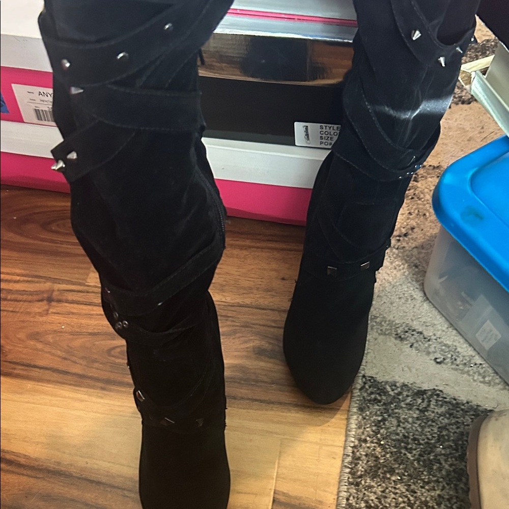Shoe Dazzle Black Over-the-Knee Suede Boots with Stud Accents
